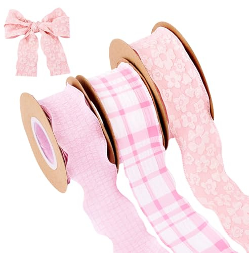 Crafans Lot de 3 rouleaux de ruban à volants en forme de fleurs de 40 mm pour fabrication de nœuds plissés à carreaux vichy en vrac pour bricolage, accessoires de vêtements, emballage cadeau, rose