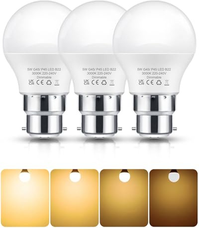 EvaStary Dimmable B22 Bayonet Light Bulbs, Warm White 3000K, B22 Light Bulbs Bayonet 5W (40W Equivalent), 450LM, P45(G45) Energy Saving Bulbs, Pack of 3