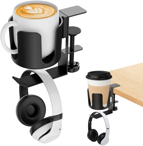 Spetsbst 2-in-1 Getränkehalter Tisch und Headset Halterung Kopfhörer Halterung Desktop Getränkehalter Schreibtisch Anti Verschütten Becherhalter