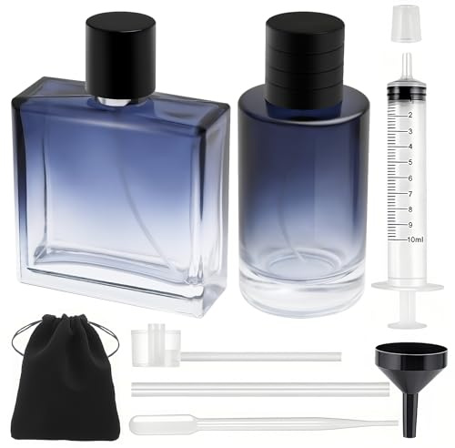 Maxumille 2Pcs 100ml Perfume Atomiser Refillable, Aftershave Spray Bottles | Gradient Blue Glass Travel Perfume Bottles, Empty Spray Bottle with Velvet Pouch for Fragrance, Alcohol, Home