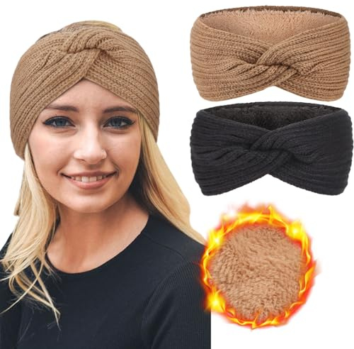 DRESHOW Damen Warm Gestricktes Stirnband Winter Ohrenwärmer Gehäkelte Kopfwickel Dickes Fleecefutter Haarbänder