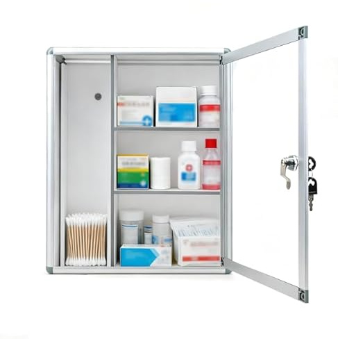 Medicine Cabinet with Key Lock, Wall Mounted Lockable Medicine Box with 4 Compartments, Lockable Storage Box with Transparent Door, Large Capacity, First Aid Cabinet for Home 35 x 14 x 42 cm