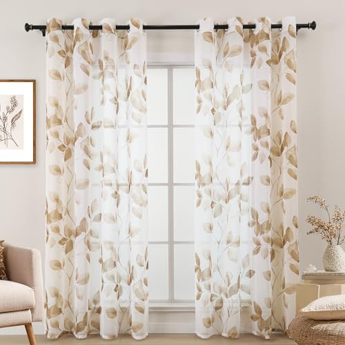 L.Z.E Gardine Taupe Braun für Erker Fenster, Transparenter Vorhang Sand Weiß mit Ösen Kurz, Durchsichtige Gardinen Vorhänge für Wohnzimmer Schlafzimmer 2er Set Blätter Muster Ösenschals, 175 cmm Länge