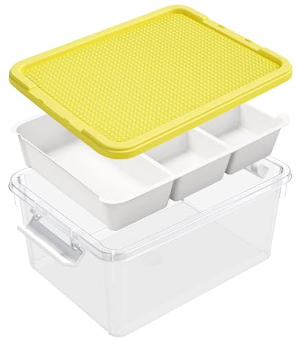 Clear Storage Box with Removable Tray, Plastic Storage Bins with Lids | Stackable, Building Plate, Plastic Storage Box for Building Blocks, Bricks, Puzzle, Craft Supplies, Small Parts