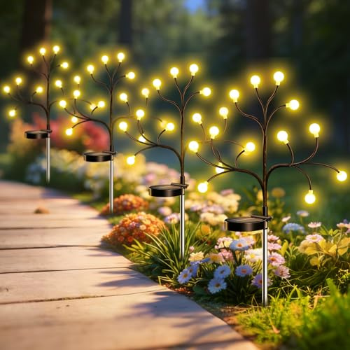 FIFlying Solarleuchten für Außen Garten, 4 Stück 12 LEDs Baumförmige Firefly Gartenbeleuchtung 2 Modi Flexible Form, IP65 Wasserdicht, Solarlampen für Außen Balkon Terrasse Vorgarten Weg