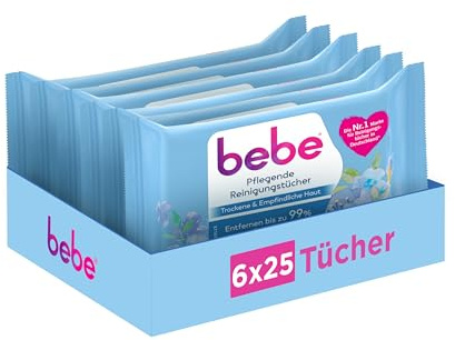 bebe Pflegende Reinigungstücher, Gesichtsreinigung, 6 x 25 Stk | Abschminktücher, Entfernen bis zu 99Prozent wasserfestes Make-up, für trockene & empfindliche Haut, Mizellentechnologie