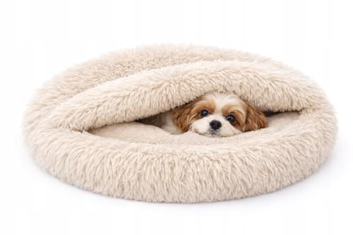 Odolplusz Rundes Kuschel-Hundebett und Katzenbett, Beige, Shaggy Bouclé, Schlafsack-Design, Warmes Höhlenbett, Rutschfester Boden, Maschinenwaschbar, für Mittelgroße Hunde und Große Katzen (60 cm)