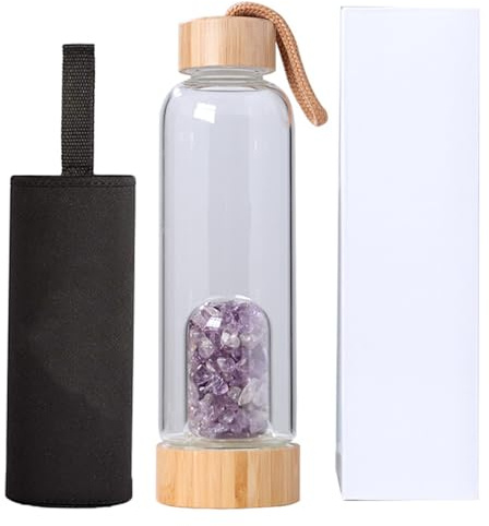 Temeemeg Crystal Water Bottle Clear Glass Water Bottle With Bamboo Lid Amethyst Crystal Infuser Compartment Reusable Clear With Sleeve & Box