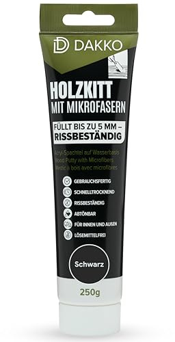 DAKKO Pâte à bois 250 g, Noir - Mastic à bois avec fibres de bambou, prêt à l’emploi, pour meubles, portes et fissures, intérieur et extérieur, séchage rapide, résistant aux fissures