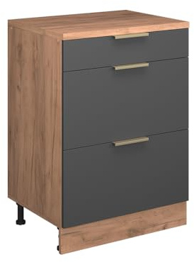 Vicco Erweiterungskommode Rion, Anthrazit-Gold/Goldkraft Eiche, 60 x 46 cm ohne Schräge mit 3 Schubladen, kombinierbar mit Rion Dachschrägenschränken und Schrankmodulen