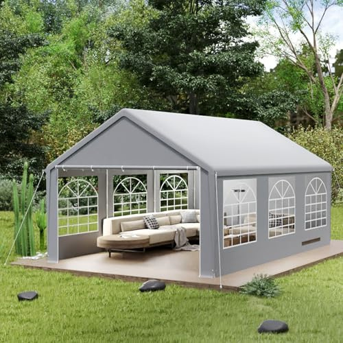 MAYTIIMO Partyzelt 4x6 m Pavillon, Grau, PE 200g Dachplane, 130g Seitenwände mit Fenstern, Wasserdicht, UV-Schutz, verzinkter Stahlrahmen, Garten- & Festzelt