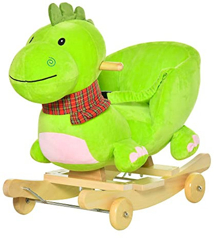 HOMCOM 2-IN-1 Schaukelpferd mit Räder Plüsch Schaukeltier Babyschaukel Spielzeug Grün 60 x 32 x 52 cm