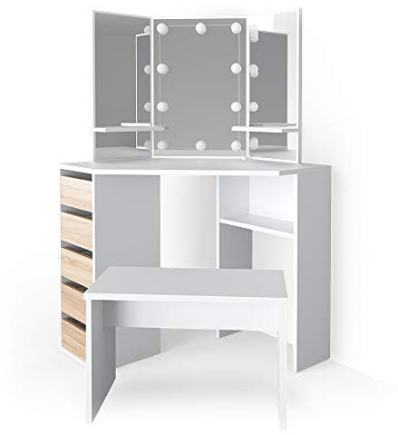 Vicco Eckschminktisch Weiß/Sonoma Arielle 110x141.5x54 cm - Frisiertisch für die Ecke, Spart Platz und nutzt Zimmerecken optimal aus