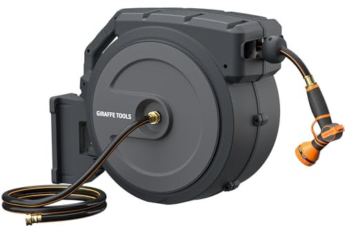 Giraffe Hose Reel, 5/8“×90’ Wall Mounted Retractable Garden Hose Reel with 9 Pattern Hose Nozzle, Any Length Lock/Automatic Rewind/Slow Return System/Wall Mounted/180°Swivel Bracket