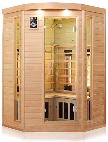 Dewello® Infrarotkabine Infrarotsauna LAKEFIELD 3 140cm x 140cm für 2-3 Personen aus Hemlock Holz mit Vollspektrumstrahler, LED-Farblicht, Bluetooth, FM,MP3,USB