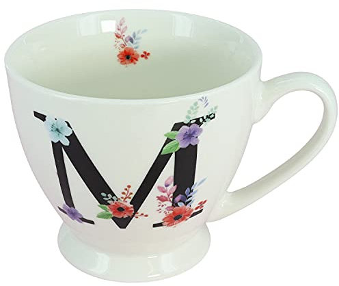 G Decor White Floral, 350ml, Alphabet A-Z Ceramic Tea Coffee XL Cup Mug, Novelty Drinkware for Morning or Evening Drink (M)