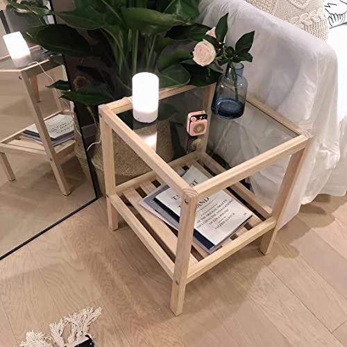 ZLHOME Beistelltisch aus Holz, 2-stöckig, Nachttisch, quadratischer Beistelltisch mit Ablageregal und Tischplatte aus gehärtetem Glas, kleiner Sofatisch & Lampe/Vase/Pflanzenständer für Wohnzimmer,
