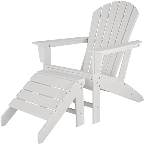 tectake® Adirondack Gartenstuhl mit Fußstütze, Holzoptik, wetterfest, Gartensessel aus Kunststoff, hohe Rückenlehne, breite Armlehnen, für Garten Terrasse Balkon- weiß