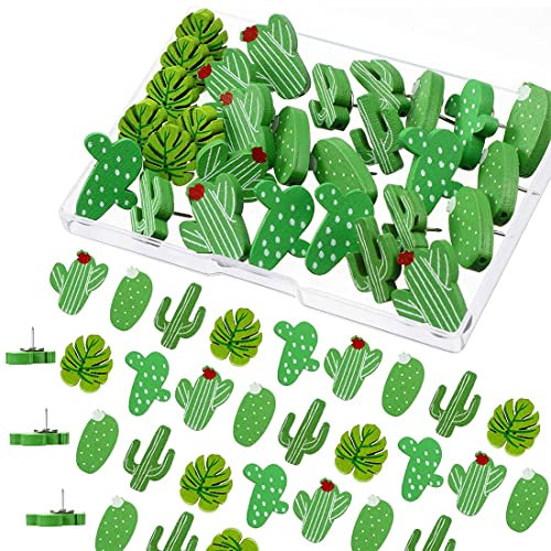 YATEICBC Punaises en Bois Punaise de Cactus Punaise de Feuille de Palmier Punaises Mignonnes Décoratives pour Photos Mur, Cartes, Tableau d'Affichage ou Panneaux en Liège (50Pcs)