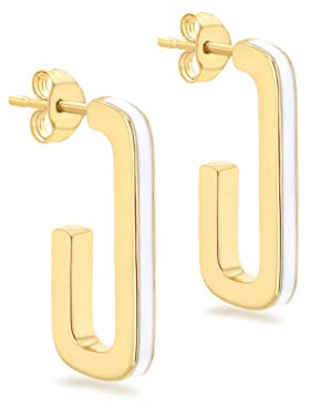 Tuscany Silver Women's Sterling Silver Yellow Gold Plated 2.5mm x 20mm White Enamel J-Shape Stud Earrings