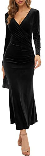 BUOYDM Women Elegant Velvet Long Sleeve Wrap V Neck Ruched Bodycon Cocktail Party Maxi Dress Black M