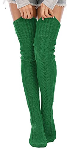 Leoparts Damen Zopfmuster Oberschenkelhohe Stiefel Socken Extra Lang Winterstrümpfe Overknee Beinstulpen, 626-Grün, Einheitsgröße