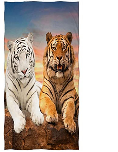 Zomer Strandtuch 70x140 cm Mikrofaser Badetuch Schnelltrocknendes Bedrucktes Handtuch mit Weißer Tiger und Bengaltiger Motiv