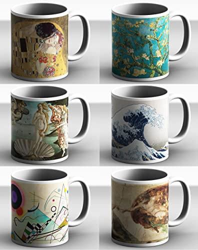 DìMò ART Set di 6 Tazze in Ceramica Mug Opere d'Arte Classica - Set da 6 Tazze - Idea Regalo - Klimt Van Gogh Botticelli Hokusai Kandinski Buonarroti