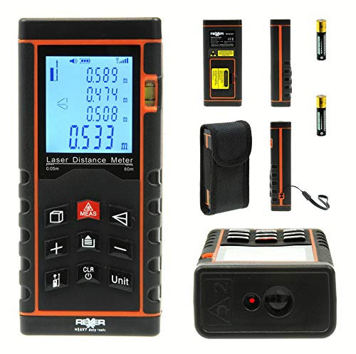 Rexxer | 60m Laser Entfernungsmesser | ±1,5mm Genauigkeit | Digitale Wasserwaage Distanzmessgerät mit LCD | M/In/Ft | Pythagoras | Fläche | Volumen | inkl. Schutztasche & 2X Batterien
