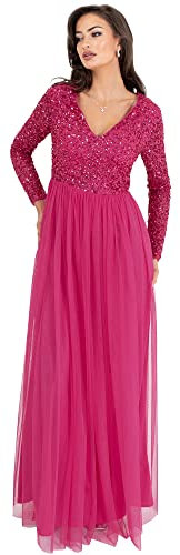 Maya Deluxe Femme Maxi, Soirée Manches Longues, Robe Cérémonie Mariage, Bal de Promo Demoiselle d'honneur, Fuchsia, 42