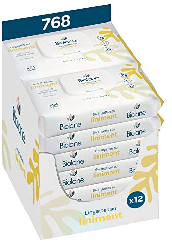 Biolane - Lingettes bébé au liniment oléo calcaire - 768 Lingettes bebe pour le change - dès la naissance - Lot de 12 paquets de 64 lingettes