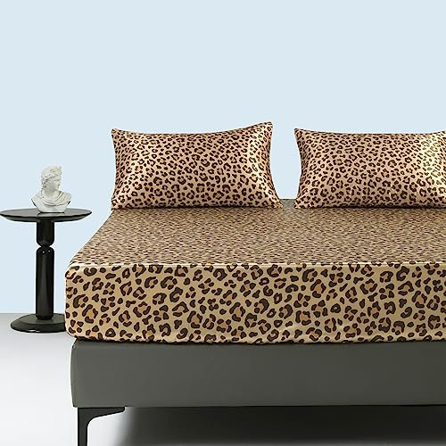 Spannbettlaken 160x200cm Boxspringbett Satin Sommer Gold Dunkelgelb Leopardenmuster Bettlaken Satin Glänzend Seide Spannbetttuch 160 x 200 Spannbetttücher Leintuch für Hohe Matratze bis 25-30 cm