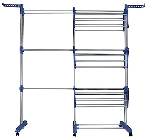 THINFAR Tendedero Secador de Ropa Tendedero Plegable Alas Laterales de 3 Niveles para Uso Interior/Exterior (75-142,5 x 64 x 170 cm, Azul Gris)