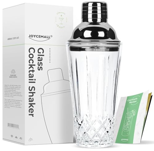 Glass Cocktail Shaker, JOYCEMALL 14.5 Ounce Cut Crystal Shaker with Stainless Sealing Steel Cap & Strainer, for Home Use & Bar Whisky - Silver