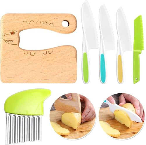 Owyee Wooden Kids Kitchen Knifes-Toddler Safe Knives Set, Montessori Kitchen Tools Set for Real Cooking with Plastic Knives/Crinkle Cutter/Kids Cutting Board/Y-Peeler
