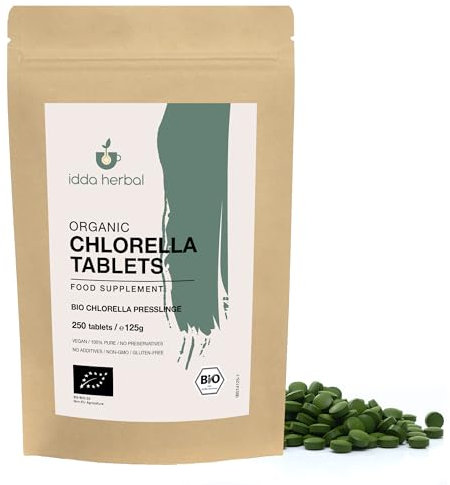 BIO Chlorella Presslinge 500mg, 250 Tabletten (125g), Chlorella Alge, Mikroalge Chlorella Vulgaris aus biologischem Anbau, 100% Natürlich und rein, Vegan