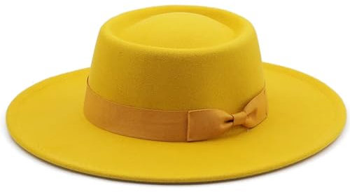 Damen Herren Hut mit breiter Krempe, Jazzhut, klassischer Filzhut, solider britischer Fascinator, Damen-Filzhut, gelb, Einheitsgröße