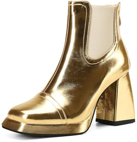 Carkuolary Womens Mode Side Zipper Gold Stiefeletten Chunky Heel Knöchel Stiefel Disco Costume Winter Schuhe für Frauen Mädchen Damen Große 41