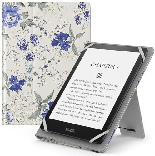 MoKo Étui Universel pour 6 6.8 7 Kindle eReaders Fire Tablette - Kindle/Voyaga/Lenovo/Sony Kindle E-Book E-Reader Tablette, Coque en PU avec Support Réglable et Dragonne, Blanc & Bleu