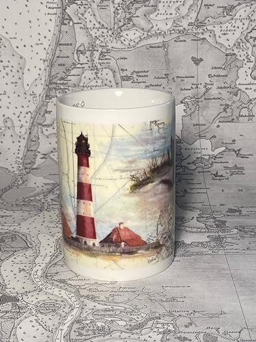 Thomas Kubitz Fine Art Porzellantasse mit Leuchtturm Westerheversand mit Meerblick