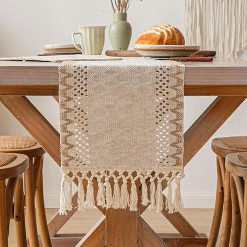 ASTNIC Beige Makramee Tischläufer, cremebeiger Boho Tischläufer mit Handquasten, Rechteckige Häkelspitze Hohle Mesh Tischdecke für böhmische Rustikale Hochzeit Tabletop Dekor, 30x180cm