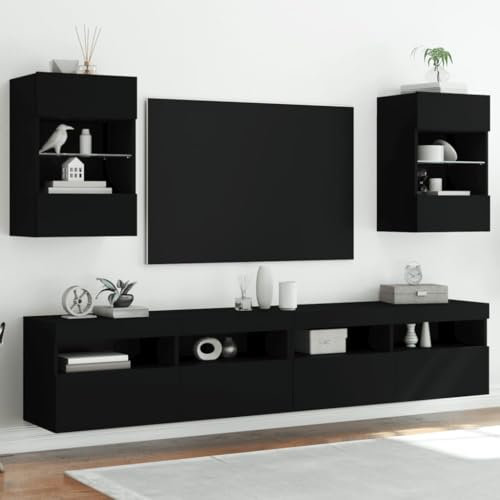 Homgoday Meubles TV muraux avec Lumières LED 2 pièce Noir 40x30x60,5 cm, Armoire de Télévision Suspendu avec Compartiment et Étagère, Mural Meuble TV Flottant pour Salon, Chambre
