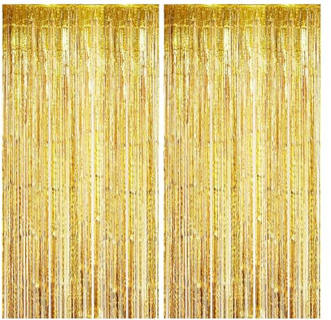 Shengxi 2 Stück Lametta Vorhänge, 3.3ft x 6.6ft Metallic Regen Vorhang Lamettavorhang Folien Fransen Vorhänge für Party Geburtstag Hochzeit Halloween Deko (Gold)