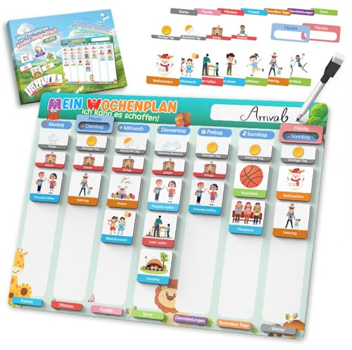Wochenplaner Kinder, Montessori Magnettafel inkl 210 Magnete, Kordel & Stift beschreib & abwischbar, to Do Liste, Tagesplan Routine Einschulung Geburtztag Geschenk Ostergeschenke für Kinder Lernspiele