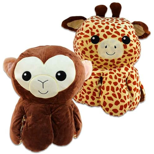 BEMIRO XXL Stimmungs Oktopus Wende-Plüschtier – 63 cm, AFFE & Giraffe Motive, wendbar, kuschelig weich, niedliches Design