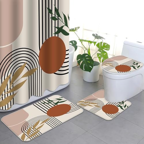 APROPHIC Ensemble de 4 rideaux de douche, style bohème, médiéval, abstrait, moderne, pour salle de bain, avec rideau de douche et tapis, tapis de couvercle de toilette et coussinet en forme de U