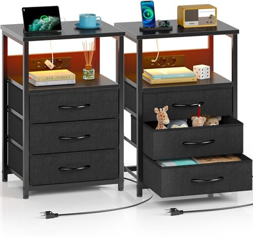 Rolanstar Nachttisch mit LED, Nachtschrank mit 3 Schubladen, Beistelltisch mit Ladefunktion, Platzsparend & Einfach Montiert für Schlafzimmer, Geeignet für Wohnzimmer, Schwarz 2pcs