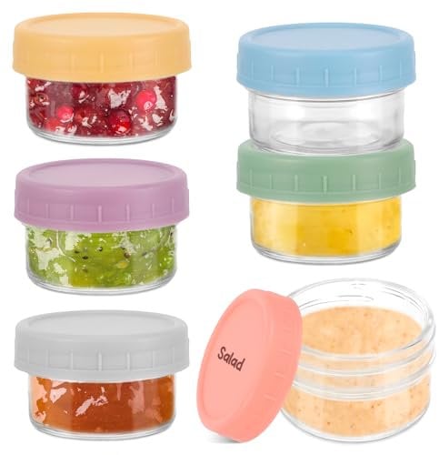 6 Stk Dressing Behälter, 80ML Glas Kleine Gläser mit Deckel Rund, Meal Prep Gläser, Auslaufsicher Saucen Salatdressing Behälter, Wiederverwendbar Glas Vorratsdosen mit Deckel für Snack, Salat, Gewürze