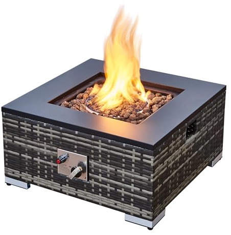 Aweather Outdoor Rattan Gas Fire Pit Table, 12KW Square Design, Grey