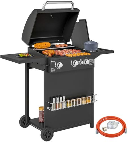 Outsunny Barbecue gaz 3+1 brûleurs en acier, puissance 9,5 kW, barbecue de jardin 2 grilles en chromé, étagères latérales, 2 roues, thermomètre, couvercle, pour camping et terrasse, noir